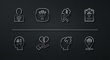 Wall Mural - Set line Psychology, Psi, Solution to the problem, Broken heart or divorce, and Man graves funeral sorrow icon. Vector