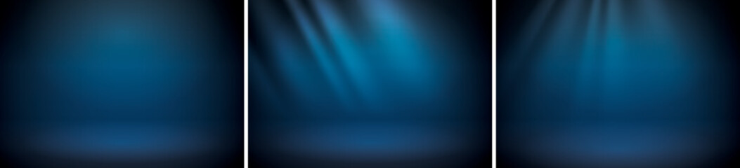 Blue studio scene background set. Neutral blue background with soft rays. Soft studio lighting. Photostudio soft box lighting.