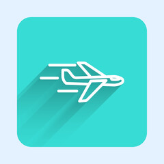Poster - white line plane icon isolated with long shadow background. flying airplane icon. airliner sign. gre