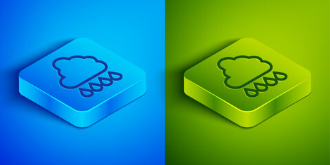 Poster - Isometric line Cloud with rain icon isolated on blue and green background. Rain cloud precipitation with rain drops. Square button. Vector