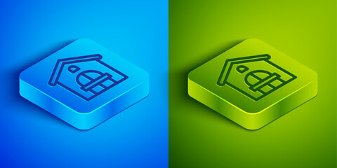 Canvas Print - Isometric line Farm house icon isolated on blue and green background. Square button. Vector