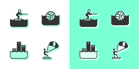 Poster - Set Kitesurfing, Water skiing man, Winner podium and polo icon. Vector