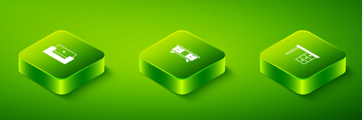 Poster - Set Isometric TV table stand, Office desk and Armchair icon. Vector