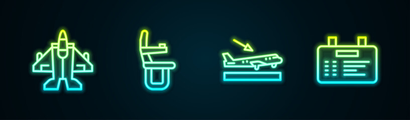 Wall Mural - Set line Jet fighter, Airplane seat, Plane landing and Airport board. Glowing neon icon. Vector