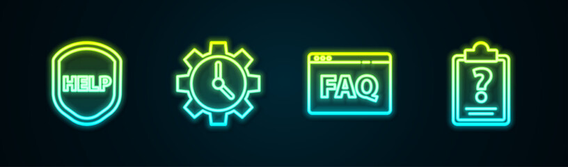 Poster - Set line Shield with text Help, Time Management, Browser FAQ and Clipboard question marks. Glowing neon icon. Vector