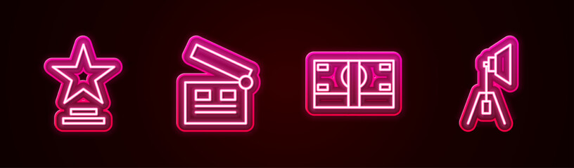 Wall Mural - Set line Movie trophy, clapper, Stacks paper money cash and spotlight. Glowing neon icon. Vector