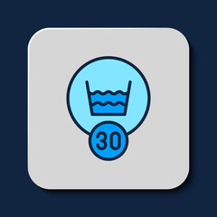 Sticker - Filled outline Washing under 30 degrees celsius icon isolated on blue background. Temperature wash. Vector