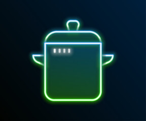 Poster - Glowing neon line Cooking pot icon isolated on black background. Boil or stew food symbol. Colorful outline concept. Vector