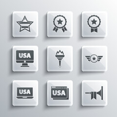 Sticker - Set USA on browser, Trumpet, Star American military, Torch flame, laptop, monitor, Independence day and Medal with star icon. Vector