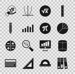 Poster - Set Office folders, Geometric figure, Pie chart infographic, Square root of x glyph, Graph, schedule, chart, diagram, Pencil, and symbol icon. Vector