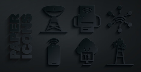 Poster - Set Smart Tv, Network, Mobile with wi-fi wireless, Satellite dish, printer system and icon. Vector