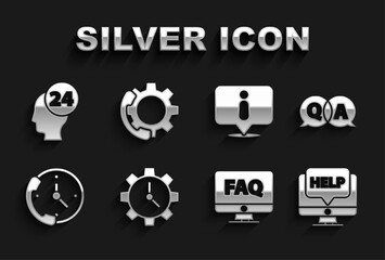 Poster - Set Time Management, Question and Answer, Computer monitor help, FAQ, Telephone 24 hours support, Information, Support operator in touch and icon. Vector