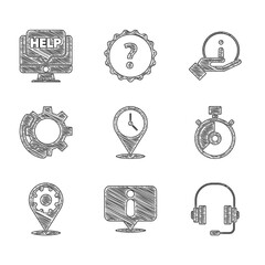 Poster - Set Location with clock, Information, Headphones, Stopwatch, gear, Telephone 24 hours support, and Computer monitor and help icon. Vector