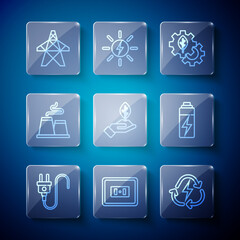 Poster - Set line Electric plug, Electrical outlet, Battery with recycle, Leaf plant in gear machine, Plant hand, Factory, tower and icon. Vector