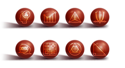 Poster - Set line Function mathematical symbol, XYZ Coordinate system, Graph, schedule, chart, diagram, Triangle, Calculator, and Geometric figure Tetrahedron icon. Vector