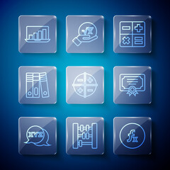 Poster - Set line XYZ Coordinate system, Abacus, Function mathematical symbol, Calculator, Office folders, Laptop with graph chart and Certificate template icon. Vector