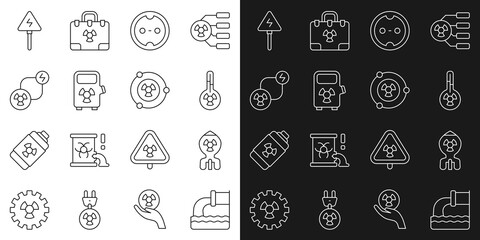 Sticker - Set line Wastewater, Nuclear bomb, Meteorology thermometer, Electrical outlet, car charging station, Radioactive exchange energy, High voltage sign and icon. Vector