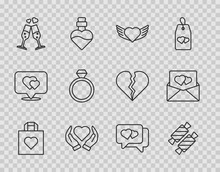 Set Line Shopping Bag With Heart, Candy, Heart Wings, Hand, Glass Of Champagne, Wedding Rings, Speech Bubble And Envelope Valentine Icon. Vector