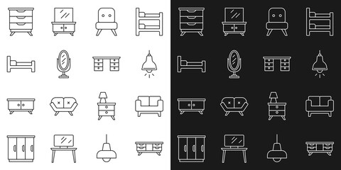 Poster - Set line TV table stand, Sofa, Lamp hanging, Armchair, Mirror, Bed, Furniture nightstand and Office desk icon. Vector