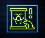 Fototapeta Sport - Glowing neon line Radioactive waste in barrel icon isolated on brick wall background. Barrel with radioactive and toxic substance is spilled. Vector
