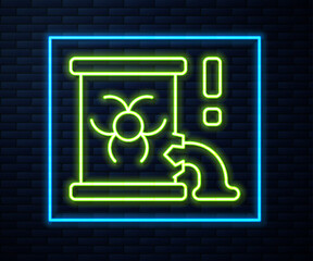 Poster - Glowing neon line Radioactive waste in barrel icon isolated on brick wall background. Barrel with radioactive and toxic substance is spilled. Vector