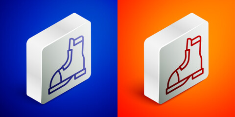 Canvas Print - Isometric line Hunter boots icon isolated on blue and orange background. Silver square button. Vector