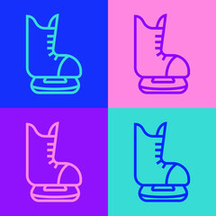 Poster - Pop art line Skates icon isolated on color background. Ice skate shoes icon. Sport boots with blades. Vector