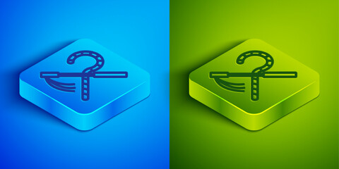 Sticker - Isometric line Crook and flail icon isolated on blue and green background. Ancient Egypt symbol. Scepters of egypt. Square button. Vector