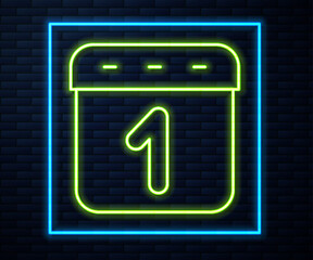 Poster - Glowing neon line Calendar icon isolated on brick wall background. Event reminder symbol. Vector