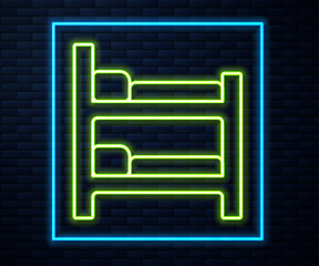 Sticker - Glowing neon line Bunk bed icon isolated on brick wall background. Vector