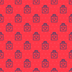 Sticker - Blue line Shopping bag with heart icon isolated seamless pattern on red background. Shopping bag shop love like heart icon. Happy Valentines day. Vector