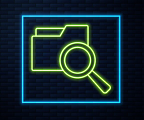Poster - Glowing neon line Search concept with folder icon isolated on brick wall background. Magnifying glass and document. Data and information sign. Vector