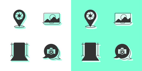 Sticker - Set Photo camera, Camera shutter, Empty photo studio and retouching icon. Vector