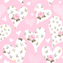 Beautiful Seamless Pattern With Collage Of Hearts With Flowers. Vector Illustration. Romantic Design For Valentines Day