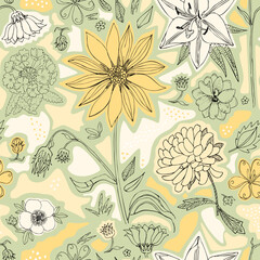 Wall Mural - Beautiful floral seamless pattern with hand drawn garden flowers.