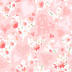 Wall Mural - Cute seamless pattern with hearts with flowers for Valentines day.