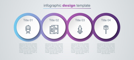 Sticker - Set line Train and railway, Broken road, Rocket ship with fire and Road traffic signpost. Business infographic template. Vector