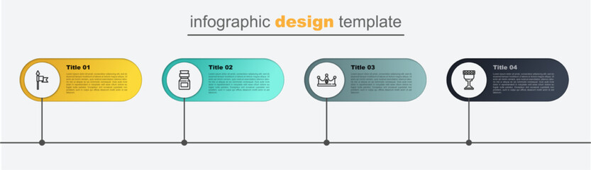 Sticker - Set line Medieval goblet, King crown, Poison bottle and spear. Business infographic template. Vector