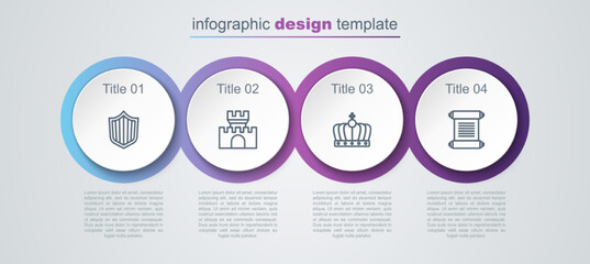 Poster - Set line Shield, Castle, fortress, King crown and Decree, parchment, scroll. Business infographic template. Vector