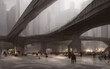 People under a city bridge rainy night. background, digital matte painting illustration