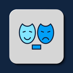 Poster - Filled outline Comedy and tragedy theatrical masks icon isolated on blue background. Vector