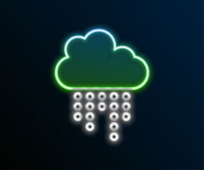 Sticker - Glowing neon line Cloud with rain icon isolated on black background. Rain cloud precipitation with rain drops. Colorful outline concept. Vector