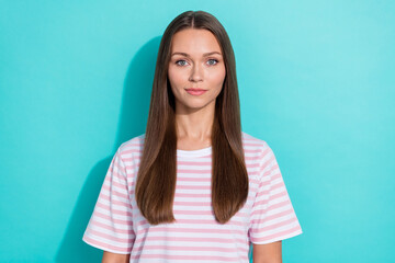Wall Mural - Photo of pretty gorgeous nice girl with straight hairdo dressed striped t-shirt confident look at camera isolated on teal color background