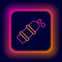 Sticker - Glowing neon line Aqualung icon isolated on black background. Oxygen tank for diver. Diving equipment. Extreme sport. Diving underwater equipment. Colorful outline concept. Vector