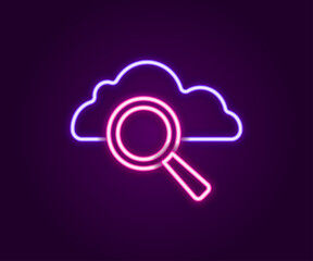 Poster - Glowing neon line Search cloud computing icon isolated on black background. Magnifying glass and cloud. Colorful outline concept. Vector