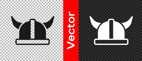 Poster - Black Viking in horned helmet icon isolated on transparent background. Vector