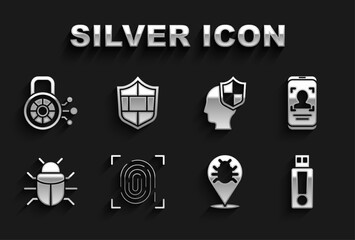 Wall Mural - Set Fingerprint, Mobile and face recognition, USB flash drive, System bug, Head with shield, Cyber security and Shield brick wall icon. Vector