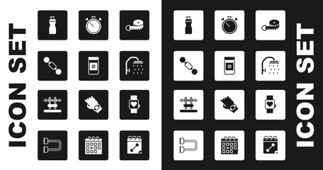 Sticker - Set Tape measure, Anabolic drugs, Dumbbell, Fitness shaker, Shower head, Stopwatch, Smart and Bench with barbel icon. Vector