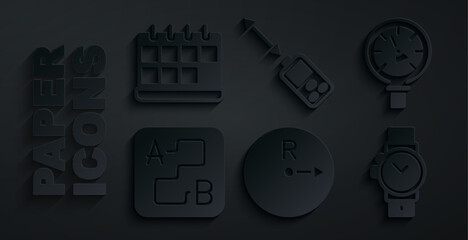 Sticker - Set Radius, Pressure water meter, Route location, Wrist watch, Laser distance measurer and Calendar icon. Vector