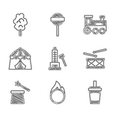 Sticker - Set Striker attraction with hammer, Circus fire hoop, Paper glass water, Drum drum sticks, Magic hat and wand, tent, Toy train and Cotton candy icon. Vector